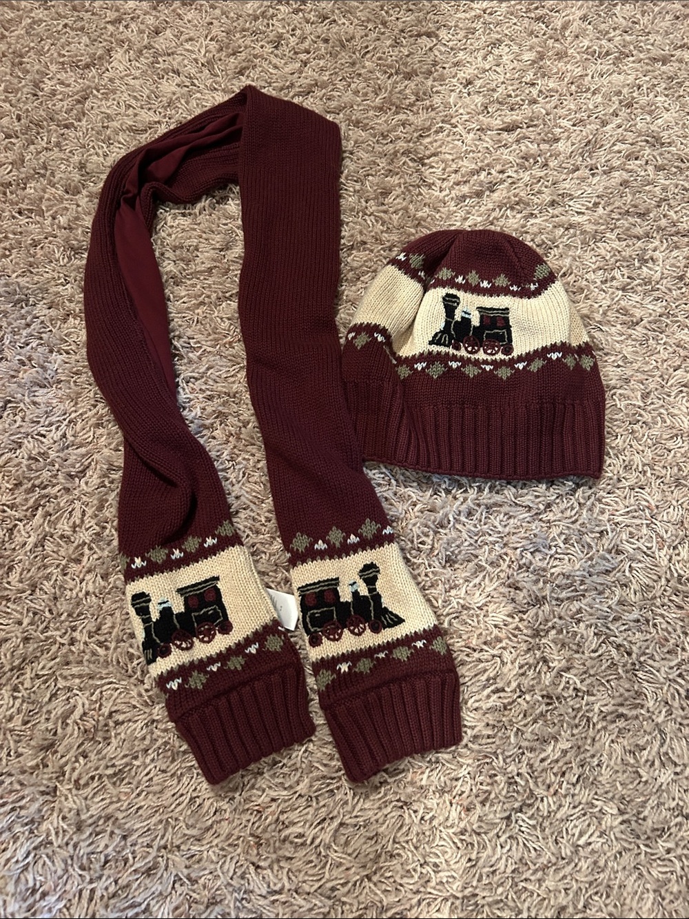 Kids Maroon Train Beanie and Scarf Set
